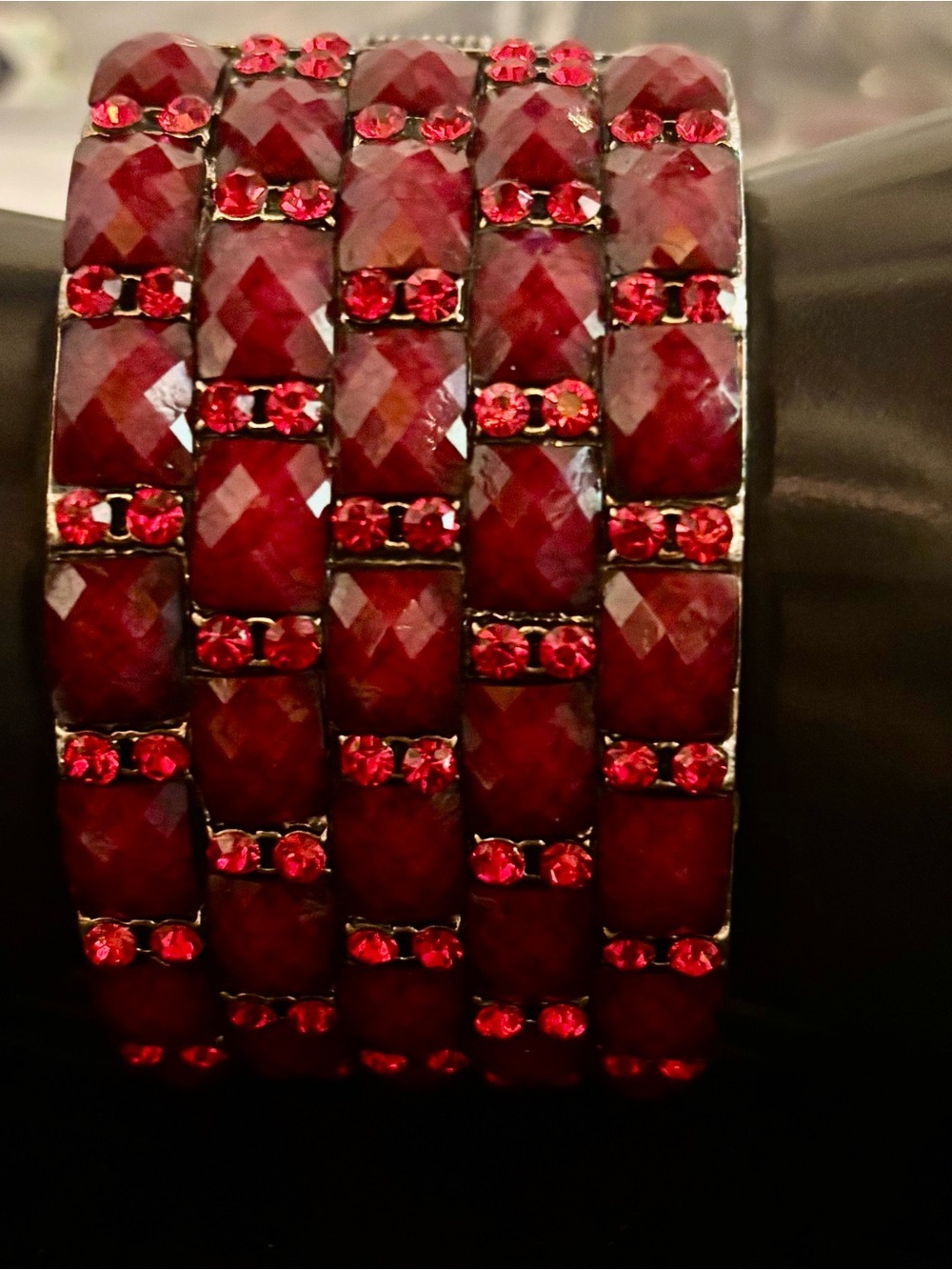 Vintage Red Rhinestone Stretch Bracelet | Multi-Row Faceted Red Crystal Cuff